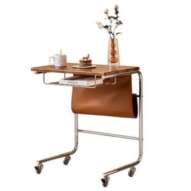 Imagem de Mesa lateral em forma de C, mesa de canto para laptop com 2 rodas bloqueáveis, compartimento de armazenamento de bolso de poliuretano para sofá/sofá, sala de estar, quarto, cabeceira, nogueira, preto