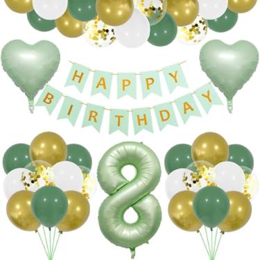 Imagem de Conjunto de decoração de aniversário de 8 balões verdes, para meninas e meninos, decorações temáticas de 8 anos, decoração de guirlanda de 8 anos verde-oliva para meninas e meninos, decoração de festa