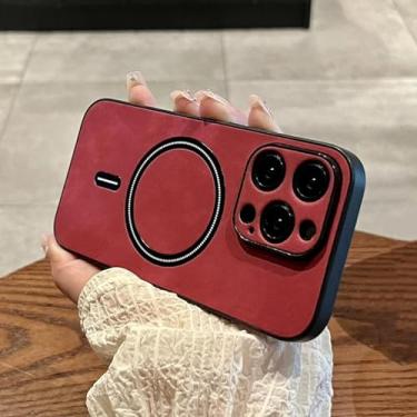 Imagem de HTVJFX Capa de couro magnética com carregamento sem fio de luxo para iPhone 15 (para iPhone 15/vermelho)