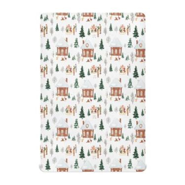 Imagem de Qilmy Casas de madeira de inverno para berço de Natal, lençóis de microfibra elástica macia e respirável, lençol com elástico para meninos e meninas, miniberço, 99 cm x 68,5 cm, capa de colchão