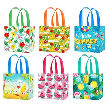 Imagem de 12 peças de bolsas não tecidas com tema havaiano, conjunto de 6 designs vibrantes de verão, sacolas reutilizáveis para praia, festa, presente e compras