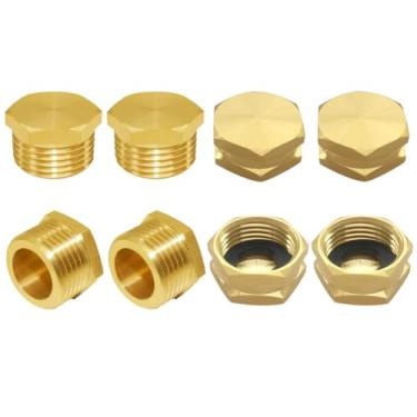 Imagem de Joywayus Kit de tampas de mangueira de jardim de latão, 4 peças de plugue macho direito de 9,5 mm + 4 peças de tampa fêmea de 0,9 cm, acessórios de tubulação de irrigação hexagonais com arruelas