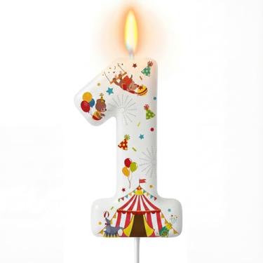 Imagem de Conelist Vela de aniversário número 1 para meninos e meninas, um topo de bolo, decorações de primeiro aniversário para meninos e meninas, artigos de festa temática de circo de carnaval