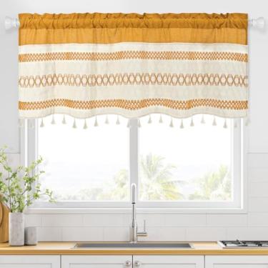 Imagem de FRAMICS Farmhouse — Cortina curta de crochê boêmio com borlas country saia amarela para cozinha, filtro de luz, bolso para varão, tratamento de janela para banheiro, 1 painel, 132 cm L x 45 cm C