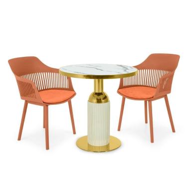 Imagem de Conjunto Mesa De Jantar Redonda Imperial 70cm Branca Com 2 Cadeiras Estofadas Marcela - Marrom