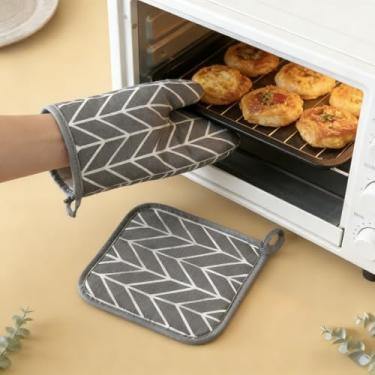 Imagem de Conjunto de 2 luvas de forno e suporte de panela, luvas de algodão e linho resistentes ao calor para assar, cozinhar, micro-ondas e grelhar, cinza
