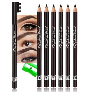 Imagem de WanTuoluo Lápis de sobrancelha para mulheres com apontador, 6 peças de lápis delineador de sobrancelha de madeira dura para maquiagem iniciante, à prova d'água e à prova de suor (6 peças, marrom