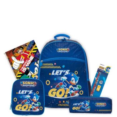 Imagem de Kit Mochila Costas Sonic Lancheira Térmica Com Estojo Triplo, Azul