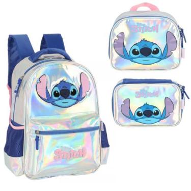 Imagem de Kit Mochila Costa Holográfica Stitch C/ Estojo Box Lancheira - Disney