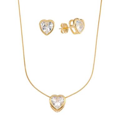 Imagem de Conjunto Colar e Brinco Coração De Zircônia Banhado à Ouro 18k