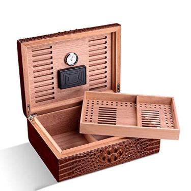 Imagem de Caixa umidificador de charutos com higrômetro e umidificador, caixa de charutos forrada de cedro para 50 a 100 unidades, caixa de armazenamento de charutos de couro - elegante conjunto de presente para charutos umidificadores
