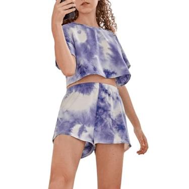 Imagem de OYOANGLE Conjunto de 2 peças para meninas tie dye gola redonda manga curta cropped e shorts de cintura elástica, Roxo violeta, 12-13Y