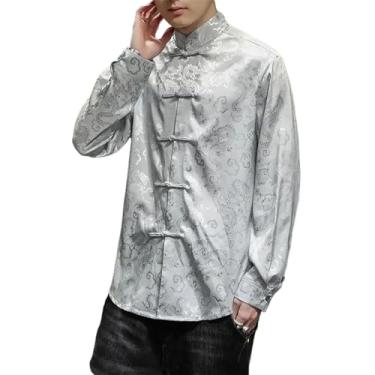Imagem de Jaquetas com fivela tang, prata, gola mandarim, vermelho, roupas do ano chinês, camisas masculinas de seda acetinada azul, Cinza 9, PP