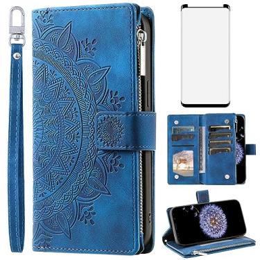 Imagem de Asuwish Capa de celular para Samsung Galaxy S9 Plus com protetor de tela de vidro temperado e alça de pulso Mandala flor flip zíper porta-cartões celular S9+ 9S 9+ S 9 9plus S9plus feminino azul
