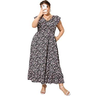 Imagem de KOJOOIN Vestido feminino plus size de verão com bolso com babados, sem mangas, decote em V, fenda lateral, vestido longo de praia, Flor preta - 1, 4G