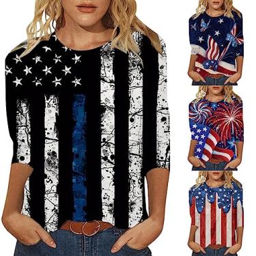 Imagem de Camisetas femininas de 4 de julho com bandeira americana casual listras estrelas camisetas manga 3/4 túnica patriótica Memorial Day, 1-D, M