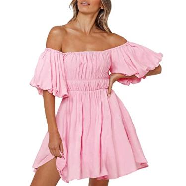 Imagem de Masbird Vestido renascentista feminino ombro de fora vestido de verão curto manga lanterna babados cintura elástica mini vestido casual, rosa, GG