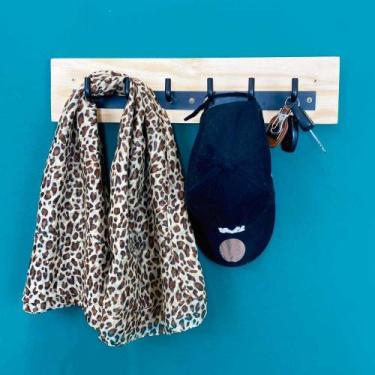 Imagem de Cabideiro de Parede 6 Ganchos Industrial de Ferro e Madeira Natural e 