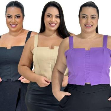 Imagem de Kit 3 Cropped Top Plus Size Alfaiataria Luxo Com Detalhe Lastex Moda F