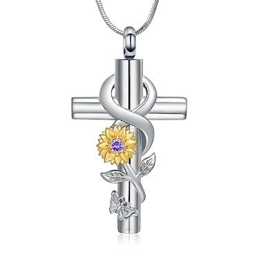 Imagem de Minicremation Colar de cinzas de cremação com cruz colar de pedra do mês de nascimento para mulheres colar de girassol memorial joia de lembrança de oração do senhor colar com pingente de cruz joias para mulheres, Aço inoxidável, Sem Pedra Preciosa