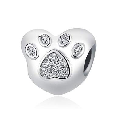 Imagem de QeenseKc Pingente de coração com estampa de pata I Love My Pet com contas de zircônia cúbica para Pandöra e pulseira europeia, Metal Cristal Strass, Cristal sintético
