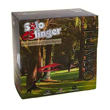 Imagem de Tumbo Solo Slinger Brinquedo para cães de tirolesa resistente para pendurar ao ar livre de 15 m (usa força elástica para puxar o brinquedo de corda para ir e voltar para o centro) comprimento ajustável