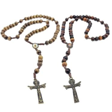 Imagem de Terço de Madeira com Contas 8mm Crucifixo Santo Sudário Medalha Entremeio Ouro Envelhecido (Medalha São Bento e N. Sra Aparecida)