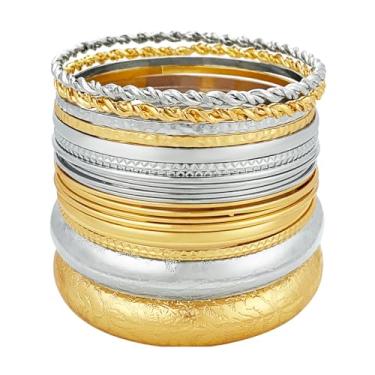 Imagem de YBMYCM Conjunto de 10 pulseiras de ouro para mulheres, multicamadas, empilháveis, largas, pulseiras indianas, grossas, étnicas, brilhantes, texturizadas, bijuterias, Large, Metal, Sem Pedra Preciosa