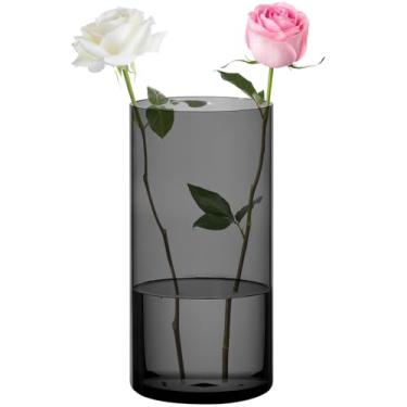 Imagem de SUREAM Vaso de flores de acrílico, vasos cilíndricos de plástico cinza para centros de mesa de casamento, decorações de jantares de escritório em casa (12 x 25 cm)