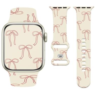 Imagem de Watbro Pulseira de relógio Bowknot compatível com Apple Watch de 38 mm, 40 mm, 41 mm, 42 mm, 44 mm, 45 mm e 49 mm, feminina e masculina, design de pulseira esportiva fofa de silicone macio para Apple