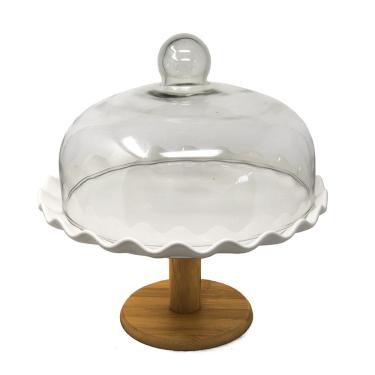 Imagem de Boleira Porta Bolos Base Cerâmica Tampa Vidro Bandeja Suporte Alimentos Prato Bailarina Pedestal Bolos Confeitaria Cozinha