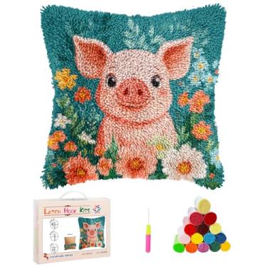 Imagem de Kits de travesseiro de gancho de trinco DIY fofo desenho animado porco em flores estampado à mão fronha de crochê fio gancho e trinco emboridery capa de almofada para decoração de sofá de casa 43 x 43
