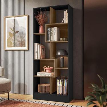 Imagem de Estante Livreiro Multiuso com 8 Nichos Preto Fosco/Carvalho - Qmovi