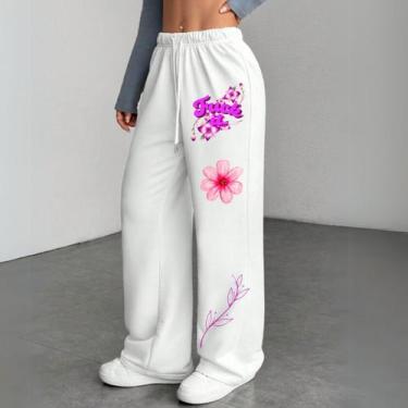 Imagem de Calça Feminina Moletom Wide Leg Floral Minimalista Inverno Quentinho -