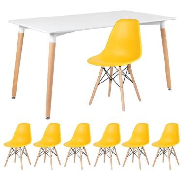 Imagem de Kit - Mesa Retangular Eames 80 X 140 Cm Branco + 6 Cadeiras Dsw Amarelo Mesa Branco Com Cadeiras Amarelo