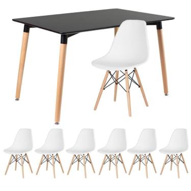 Imagem de Kit - Mesa Retangular Eames 80 X 120 Cm Preto + 6 Cadeiras Dsw Branco Mesa Preto Com Cadeiras Branco