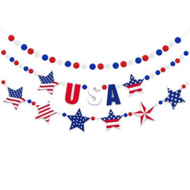 Imagem de Doumeny 3 peças, guirlanda de feltro de 4 de julho, faixa patriótica pendurada, guirlanda de estrelas, vermelha, branca, azul, pompom, bandeira, bandeira americana, decoração de festa para Dia da