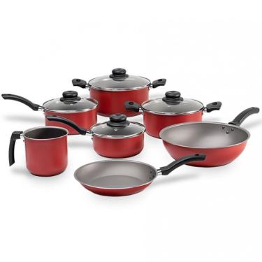 Imagem de Conjunto De Panelas 7 Peças Brinox Ruby Interno Antiaderente Pro-Flon Tampas De Vidro Vermelho