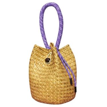 Imagem de Bolsa clutch de vime para mulheres 2025 moderna bolsa de mão macia bolsa de praia para noite carteira de bambu bolsa balde festa formatura, Roxa, One Size