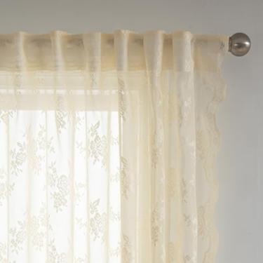 Imagem de MEETSKY Cortinas Lace Cafe 114 cm de comprimento, cortinas de cozinha vintage amarelo claro para janelas pequenas aba traseira francesa elegante cortina de renda transparente cortina de filtragem de