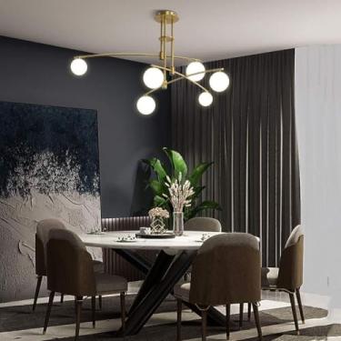 Imagem de Lustre Dourado 6 Luzes Moderno Sputnik Mid Century Pingente Luminária De Vidro Fosco Globo De Luz De Teto Para Cozinha Sala De Jantar Sala De Estar, Bronze, 6 Lights