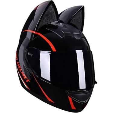 Imagem de Capacetes De Motocicleta Com Orelhas De Gato De Rosto Inteiro Capacete De Motocicleta Modular Facial Completo Preto Su Visor Todos Os Seasos Respiráveis Mantêm O Calor Ajustá, D, M=54~56cm
