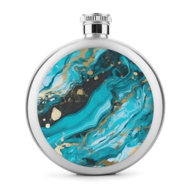 Imagem de Cantil de aço inoxidável, azul turquesa, dourado, mármore, impressão, frasco, clássico, cantil, garrafa de viagem, garrafa portátil de licor
