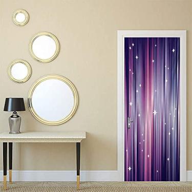 Imagem de Papel de parede de pintura de parede para porta de quarto de berinjela, fundo abstrato de vigas coloridas com estrelas brancas inspiradas no espaço, linhas roxas, para dormitórios, escritórios e