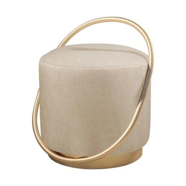Imagem de Puff Redondo Lunar Em Linho E Base Metal Dourado Linho Bege