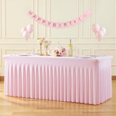 Imagem de Suppromo Toalhas de mesa de elastano rosa de 2,4 m para mesas retangulares, sem rugas, rosa retangular, capa de mesa elástica com saia para chá de bebê, festa de aniversário, banquete de casamento