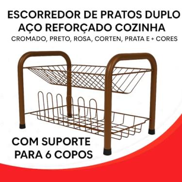 Imagem de Escorredor Duplo De Louça 2 Andares Aço Reforçado Prato Copo Pé Emborrachado Premium Design Moderno Prático Pronto para Uso (Corten)