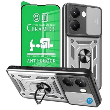 Imagem de Capinha Capa para Poco X7 Pro com Película em Cerâmica 9D - Case Protetora Anti Impacto Armadura Militar com Suporte de Anel Magnético - FD Acessórios. (Prata)