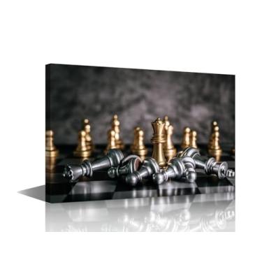 Imagem de Arte de parede masculina em tela moderna impressão de imagem de xadrez arte de parede jogo de tabuleiro arte de parede 1 painel de xadrez dourado e prata arte em tela para sala de estar escritório