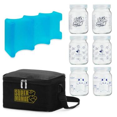 Imagem de Kit N°3 - Bolsa Térmica com Gelo Artificial e 6 potes de vidro 200ml Decorados